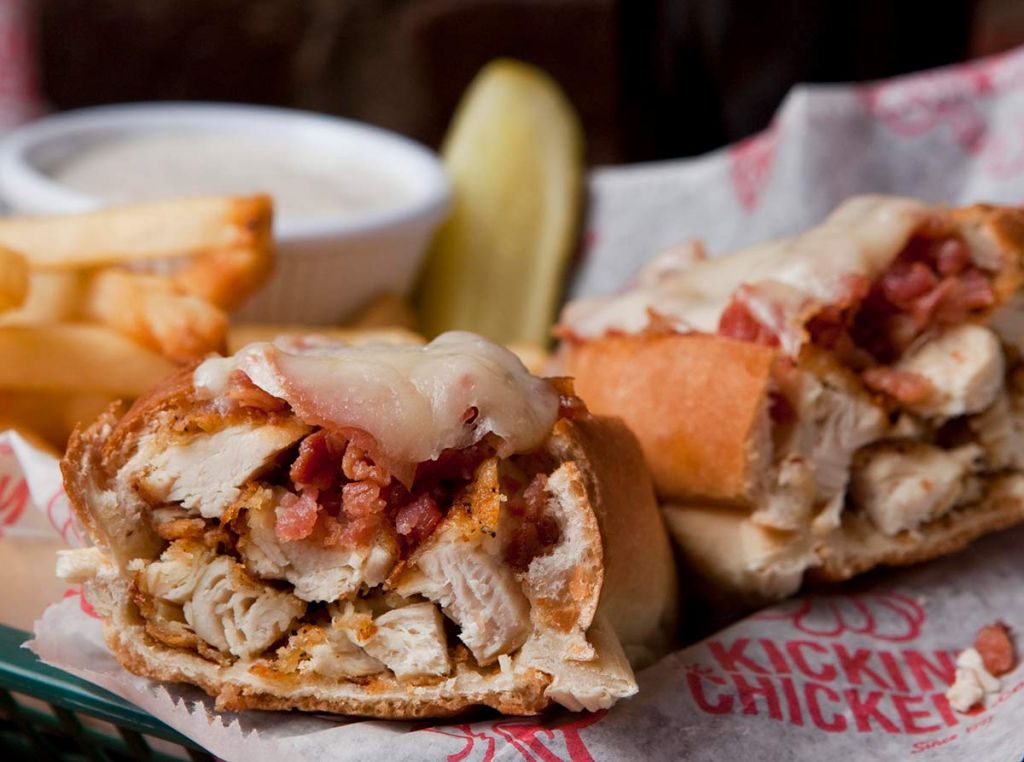 Kickin' Chicken: a tasty sandwich, fries, dipping sauce and pickle